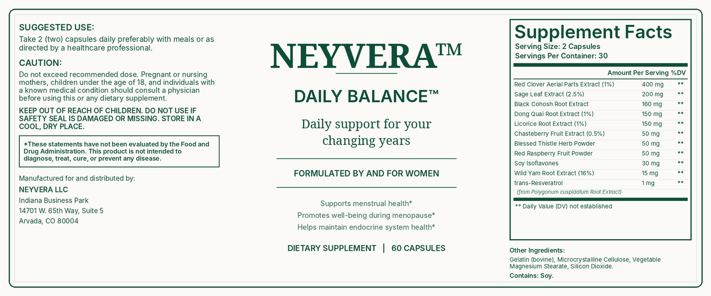 NEYVERA Daily Balance supplement label and Supplement Facts